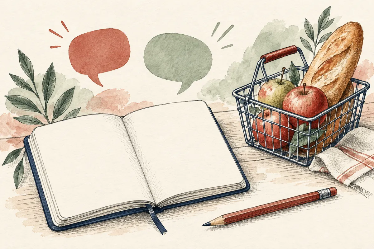 Caderno de expressões, cesto de compras e balões de diálogo sem texto.