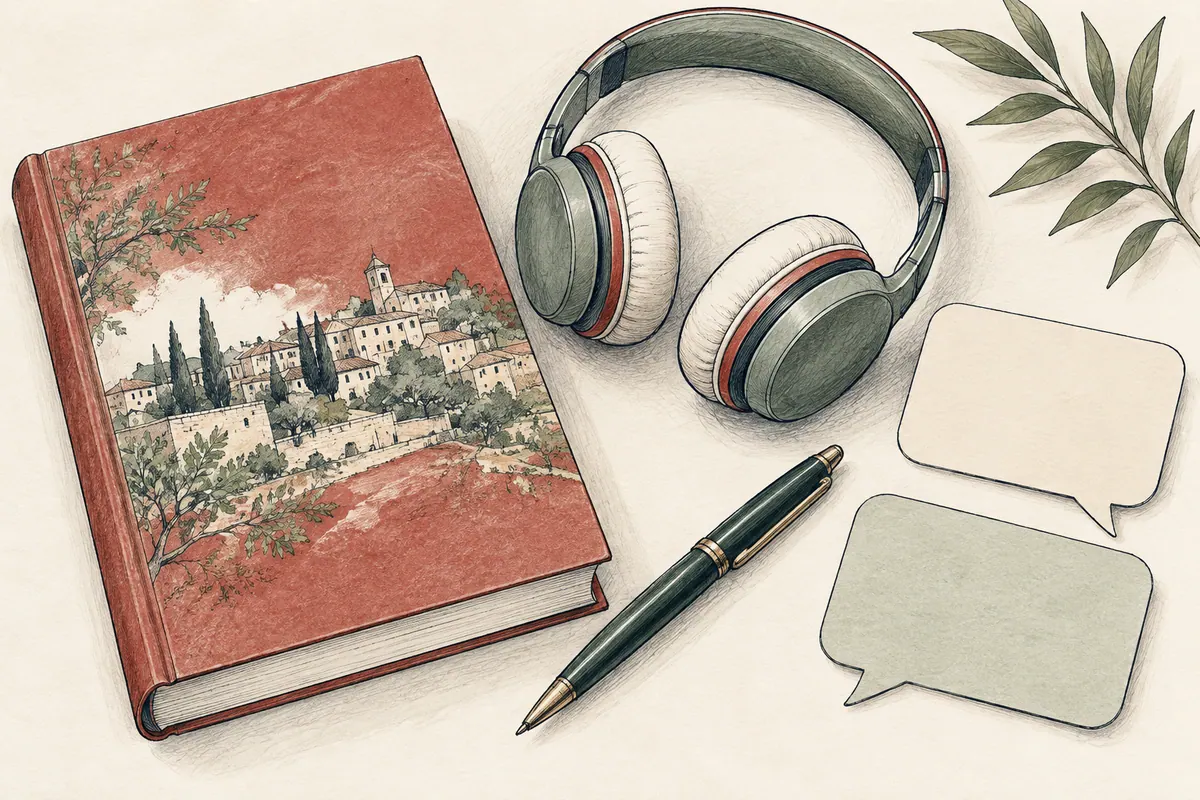 Книга, наушники, ручка и карточки реплик.