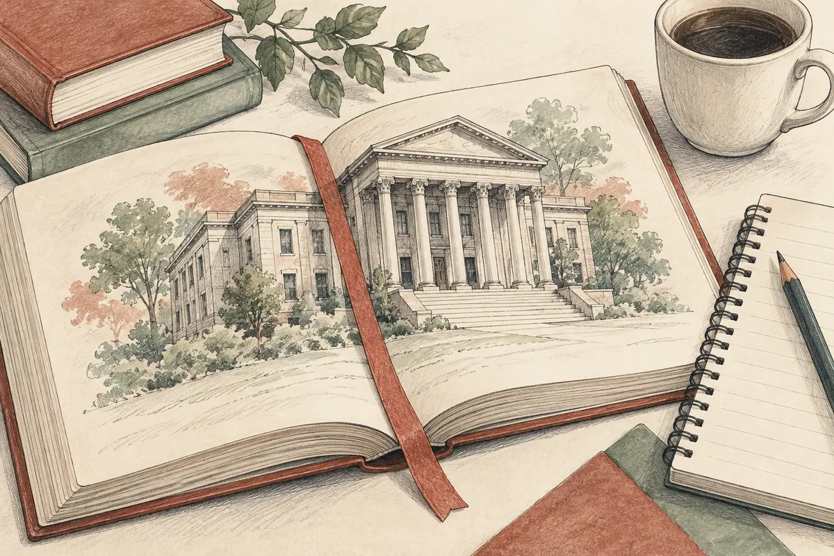 Civic-building drawing in a book with study notes.