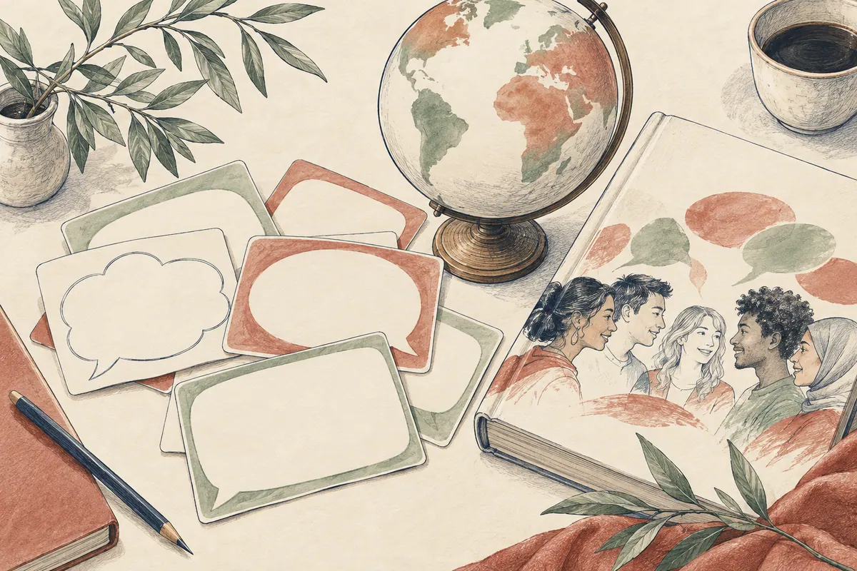 Globe, conversation cards and a language book.