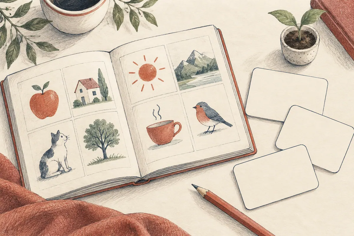 Beginner book, flashcards and a small sprout.