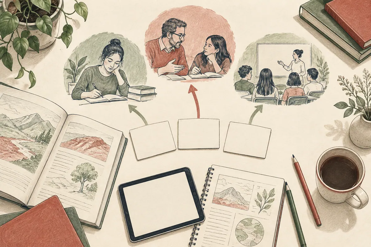 Книга, планшет и сцены самостоятельных занятий, индивидуальной помощи и группы.